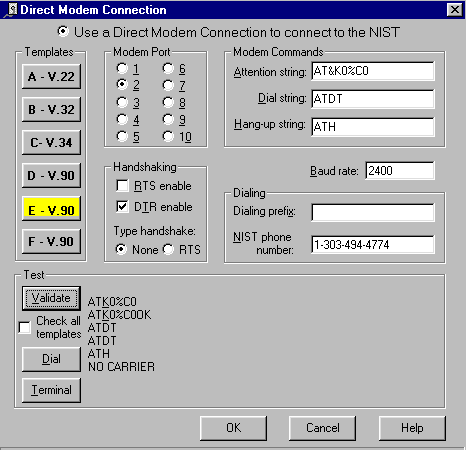 Modem configuration & test screen for Direct connection